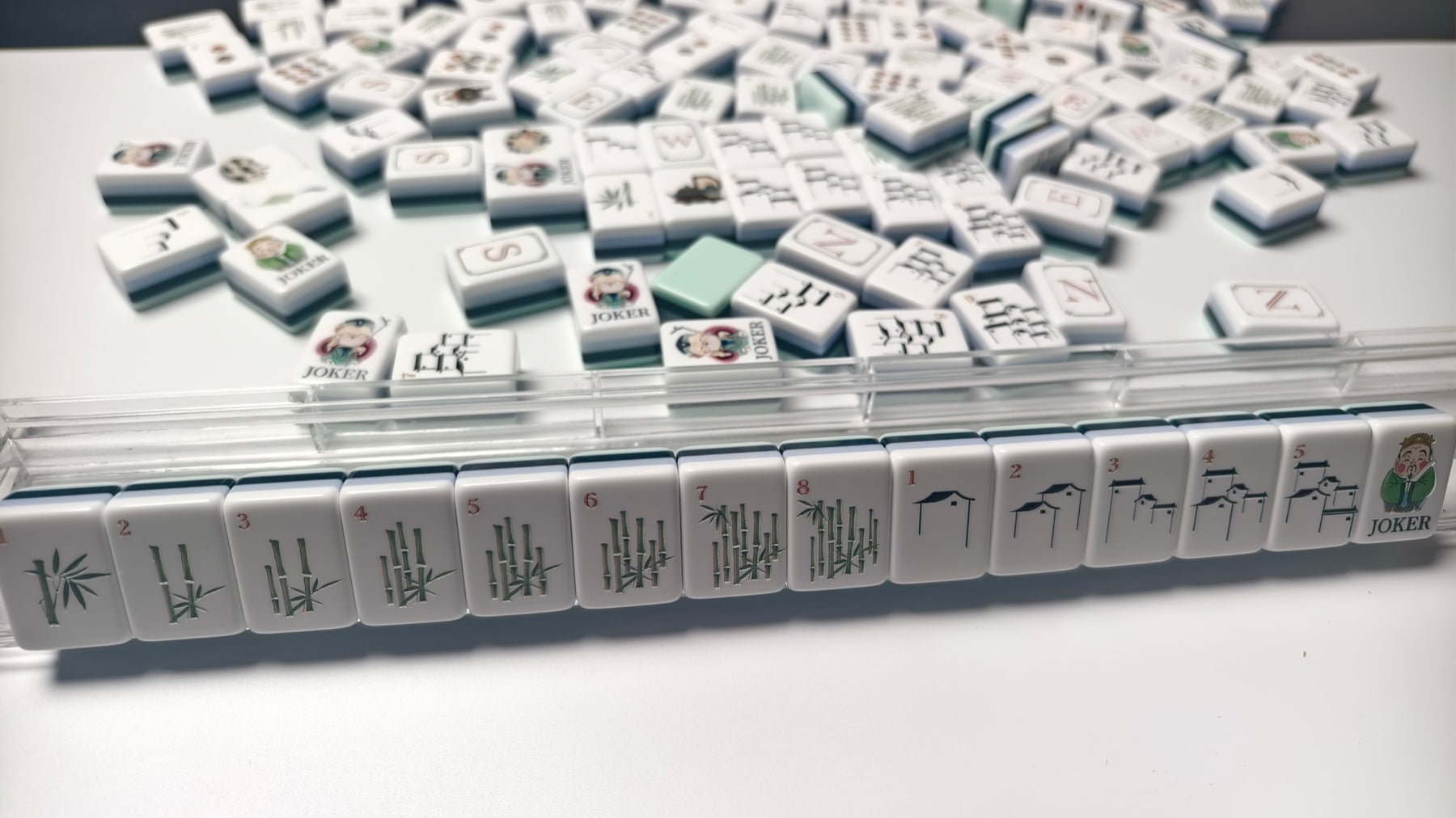 Jade Garden American mahjong tiles — rack display and acrylic construction