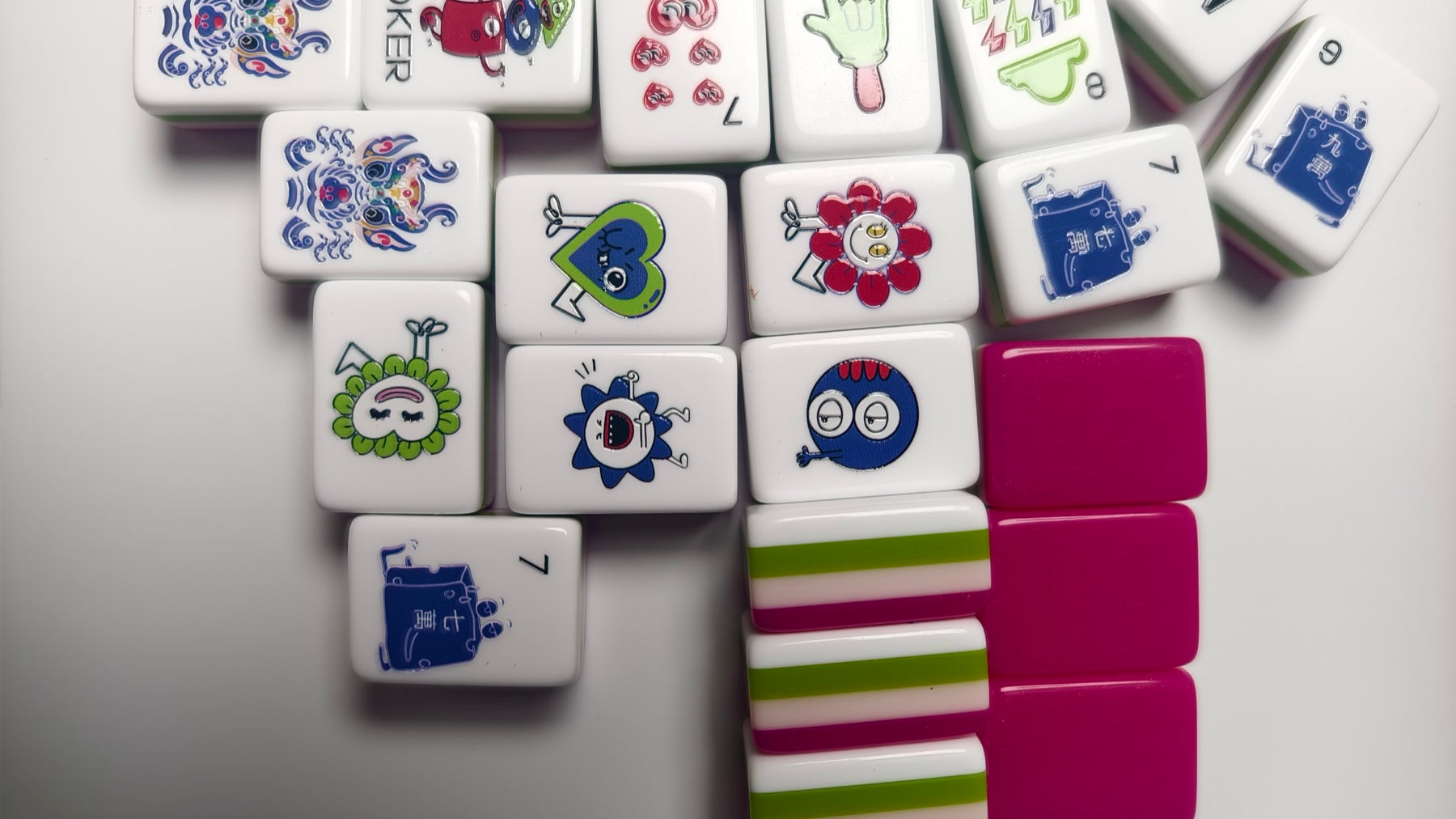 Pop Love American mahjong tiles — rack display and acrylic construction