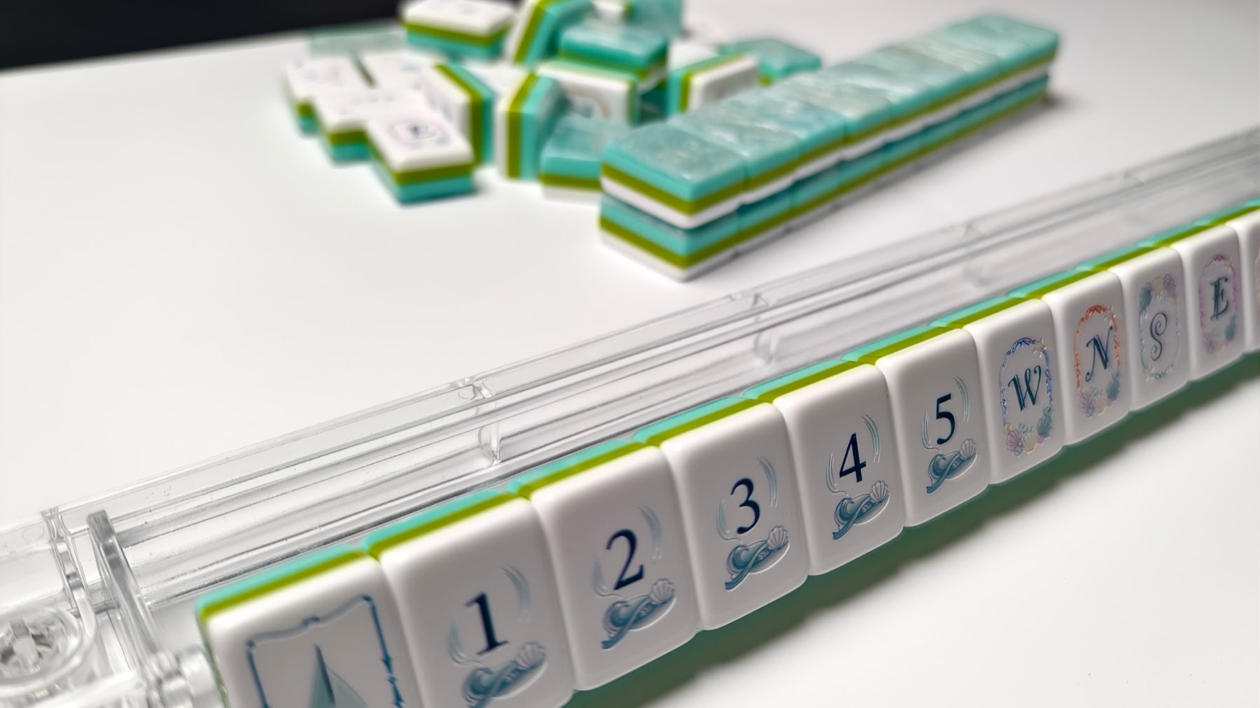 Serene Tide American mahjong tiles — rack display and acrylic construction