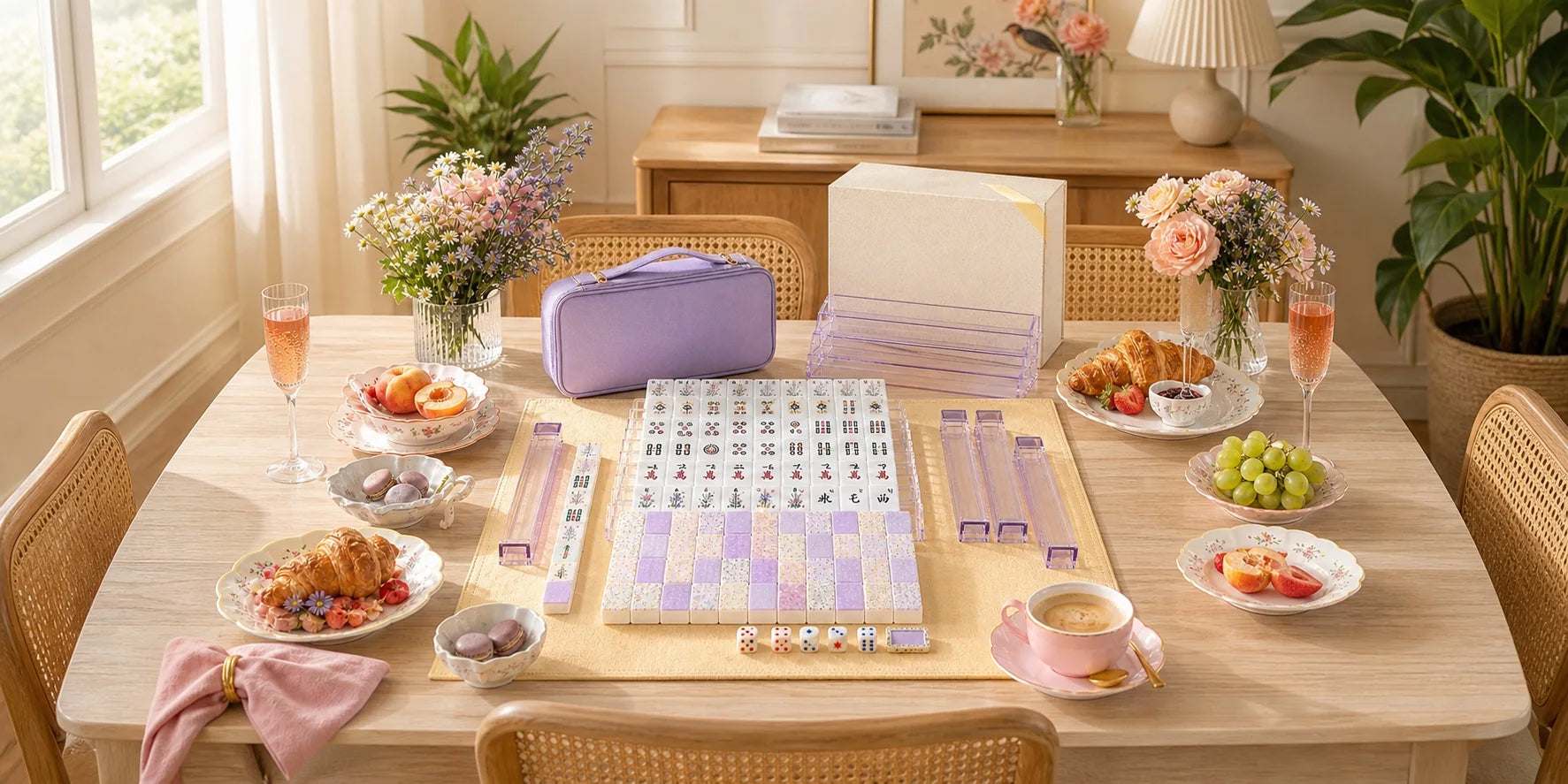 Centered pastel American mahjong table styled for an elegant brunch