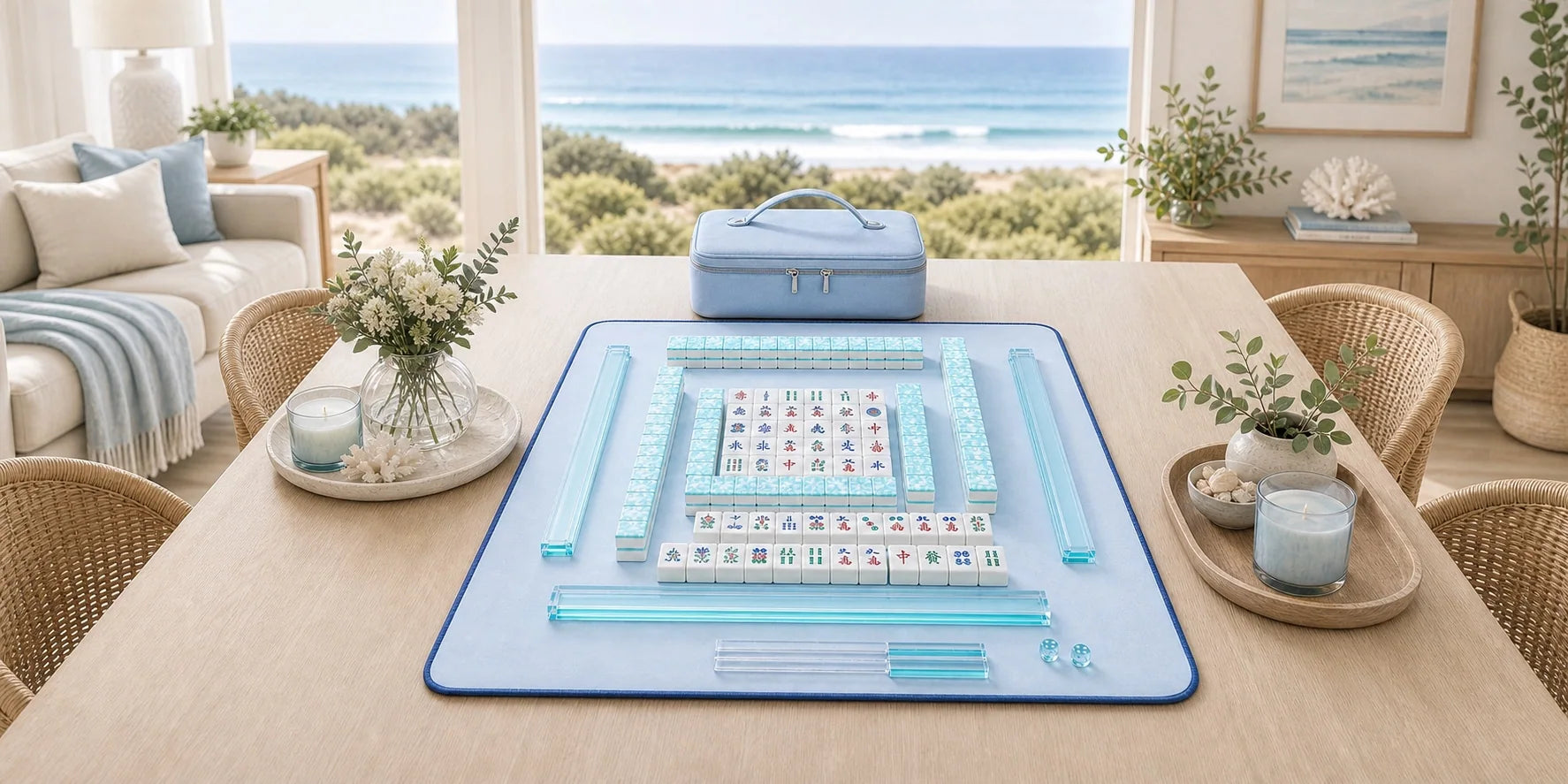 Centered sea-glass American mahjong table in a calm coastal home