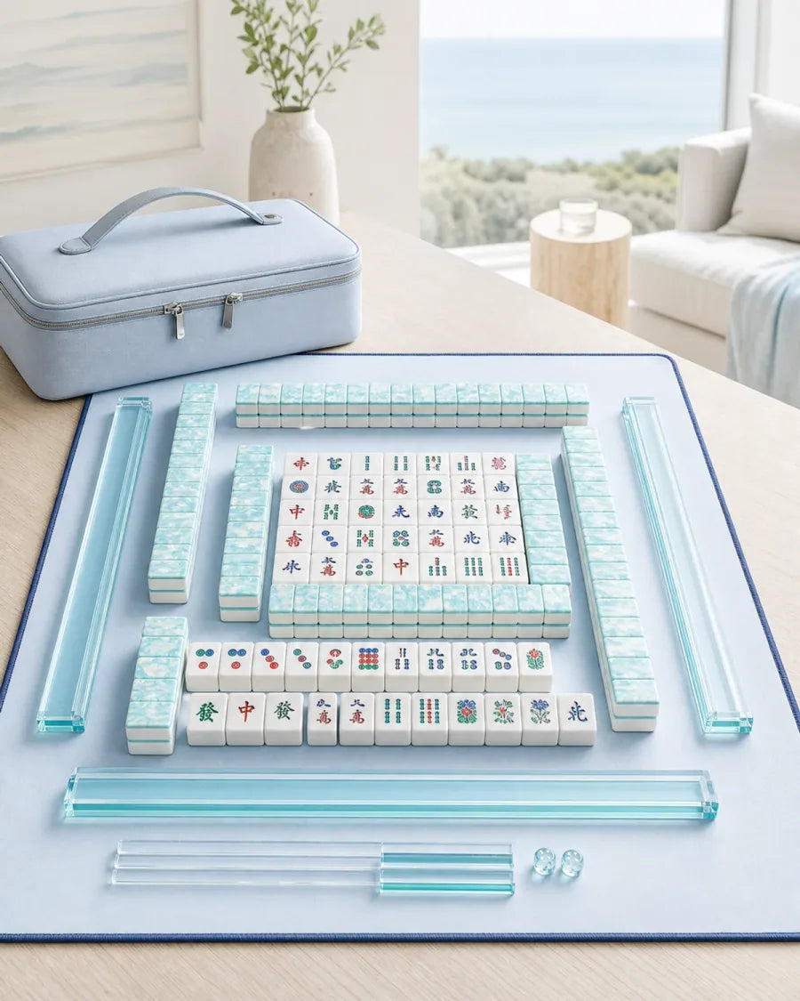 Calm coastal American mahjong scene in pale blue and seafoam colors