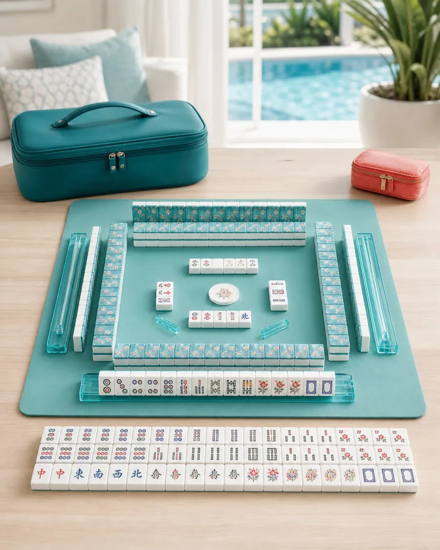 Modern poolside American mahjong scene in bright resort colors